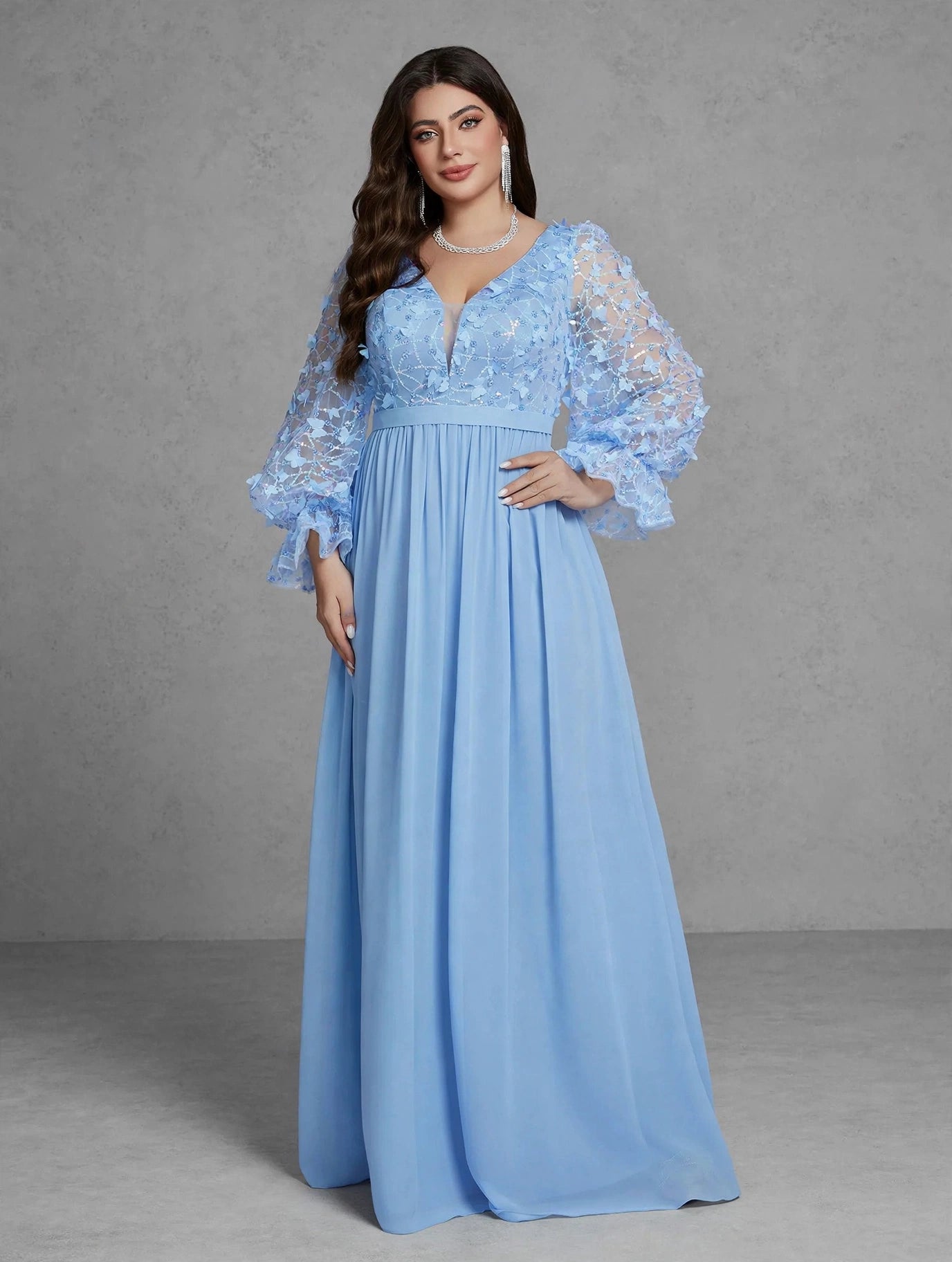Butterfly Sequin Pearl Chiffon Evening Dress