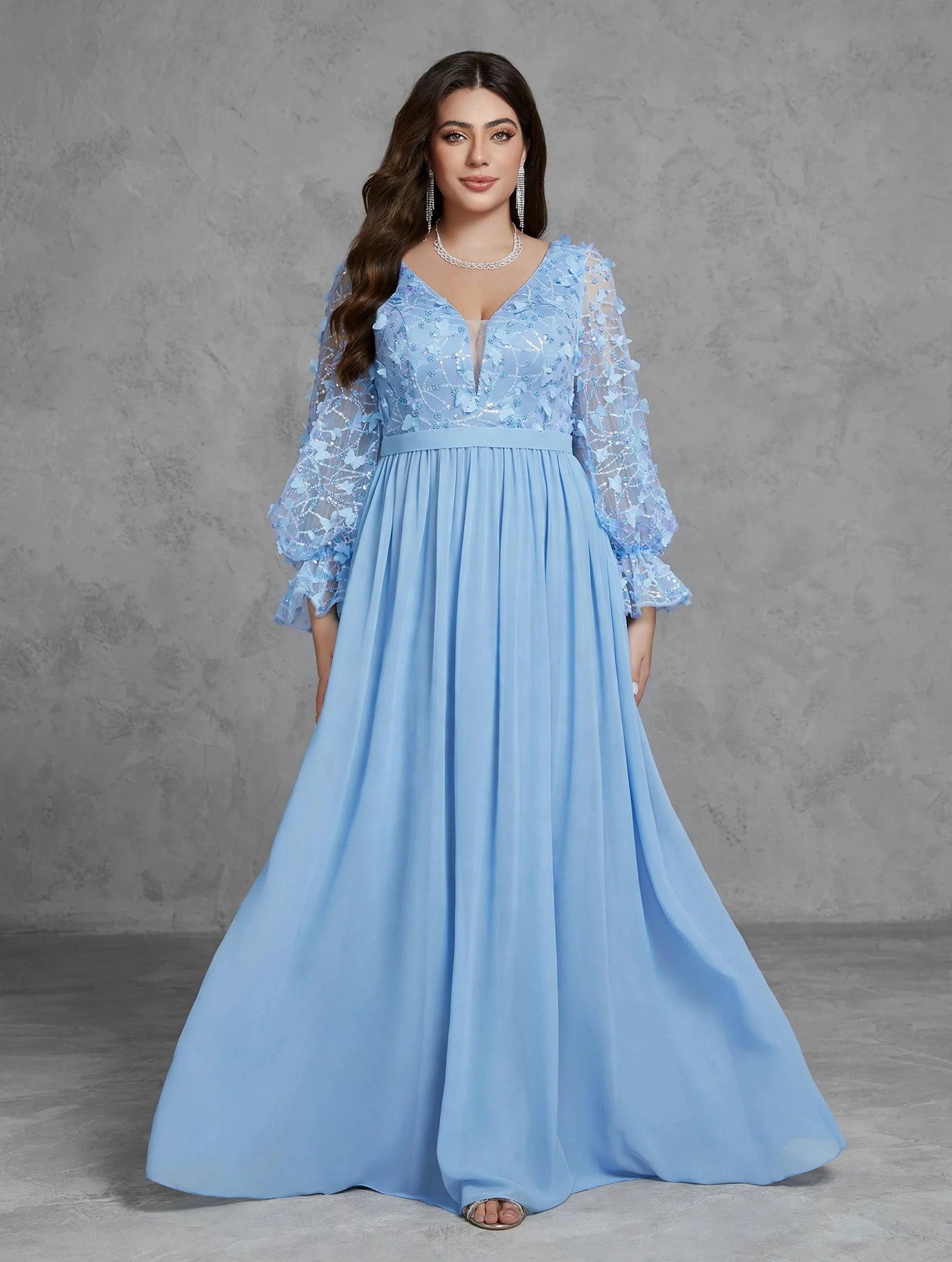 Butterfly Sequin Pearl Chiffon Evening Dress