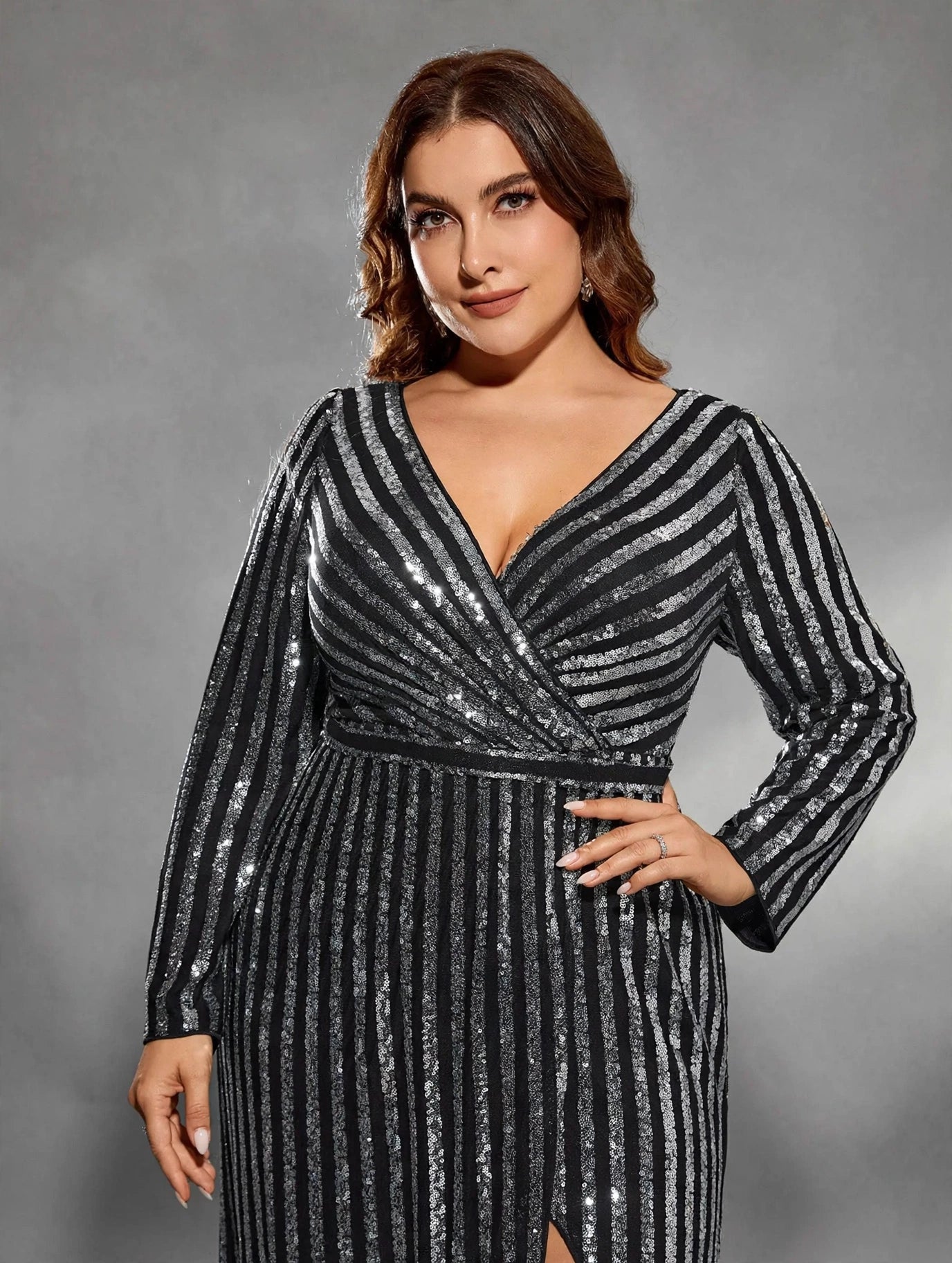 Striped Sequin Slit A-Line Evening Dress