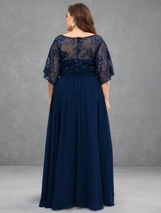 V-Neck Sequin Chiffon Evening Gown