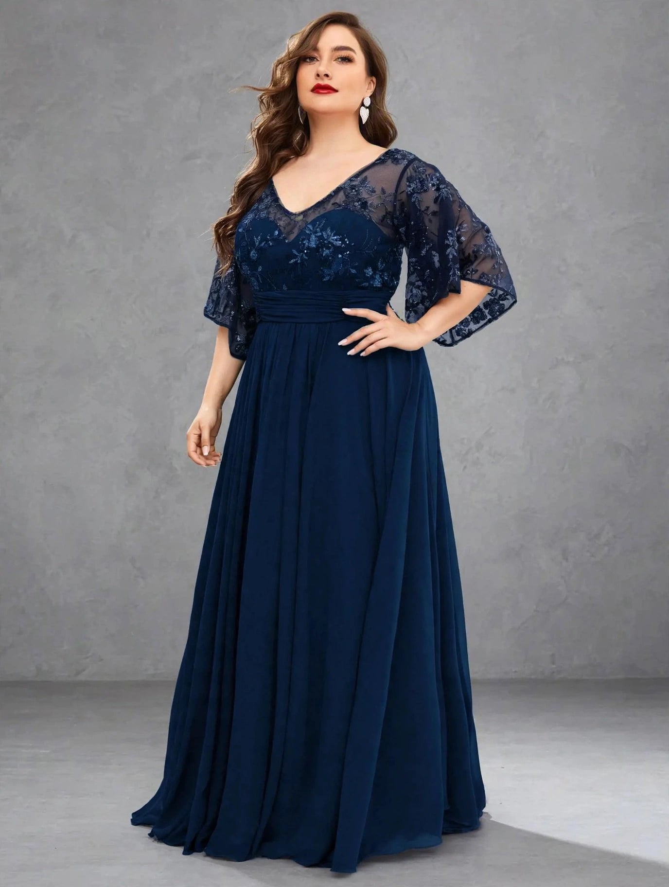 V-Neck Sequin Chiffon Evening Gown