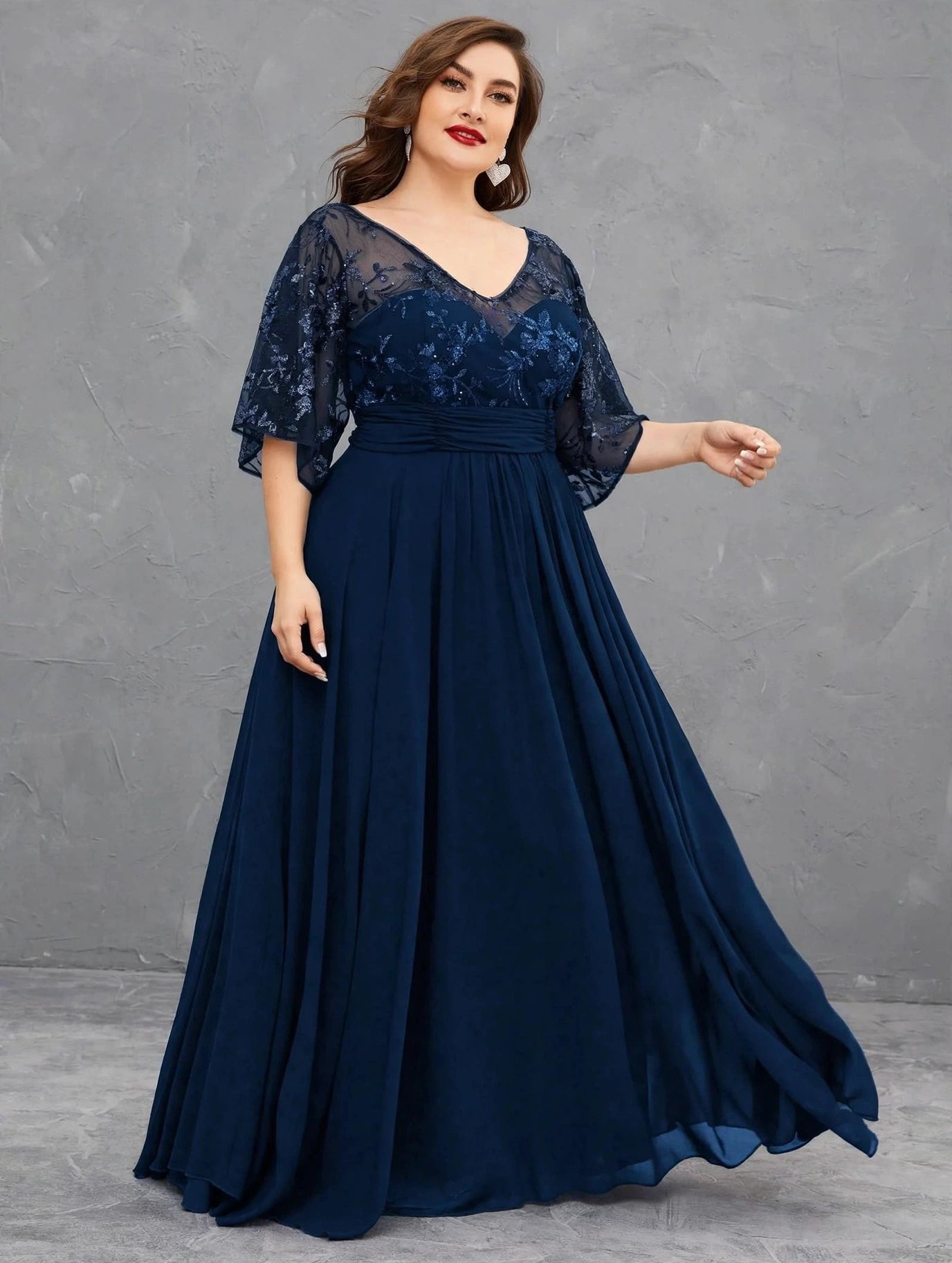 V-Neck Sequin Chiffon Evening Gown