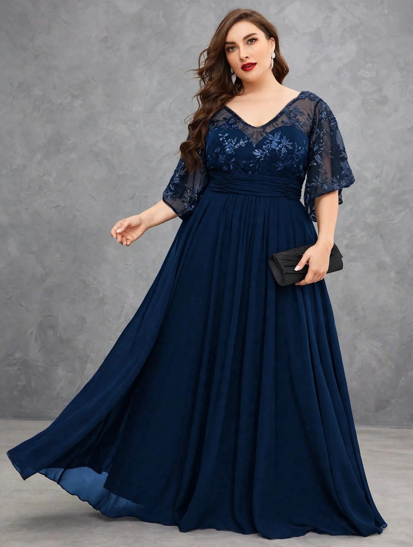 V-Neck Sequin Chiffon Evening Gown