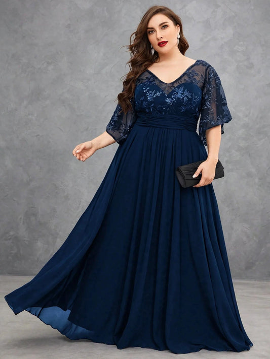 V-Neck Sequin Chiffon Evening Gown