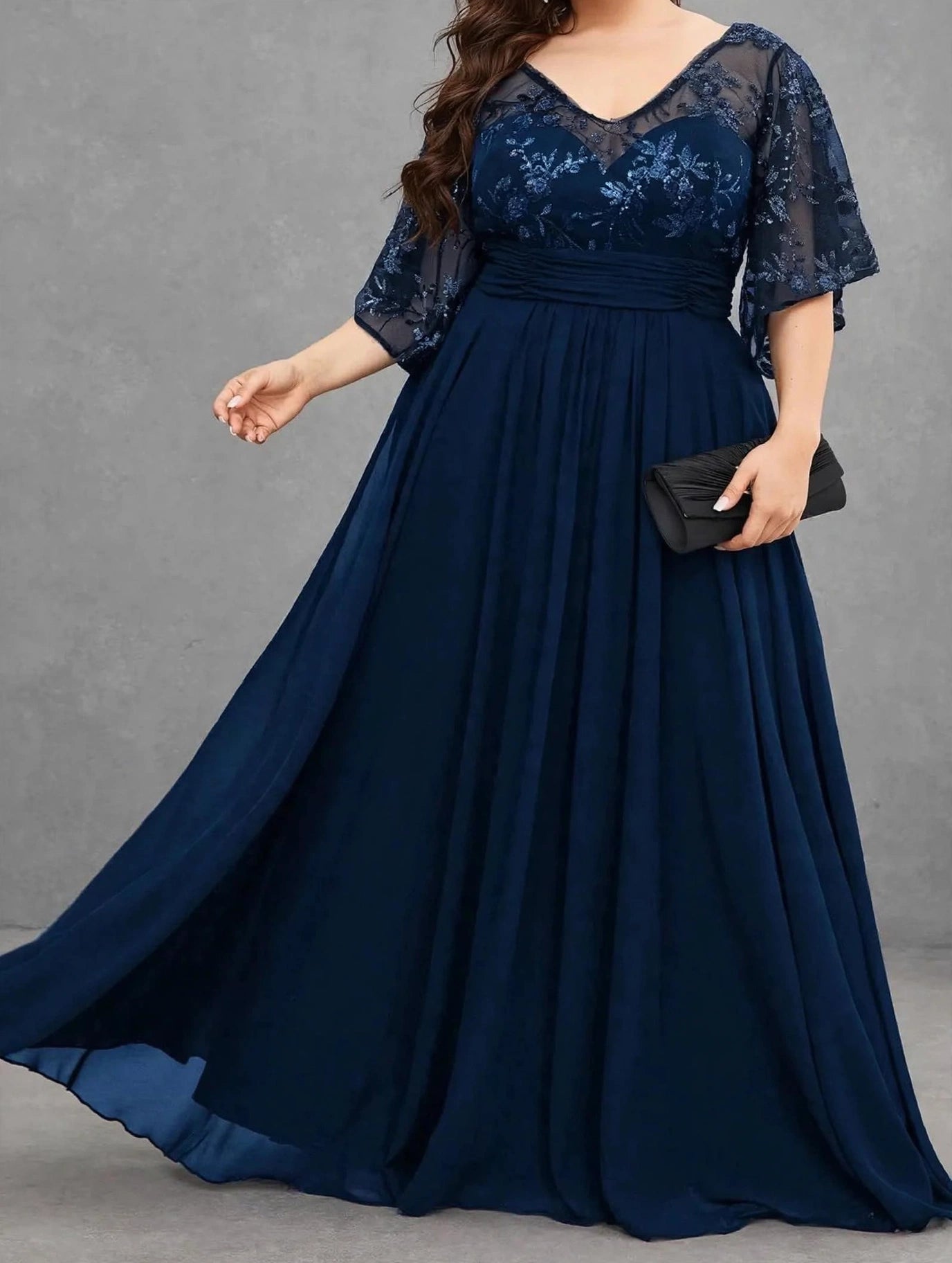V-Neck Sequin Chiffon Evening Gown
