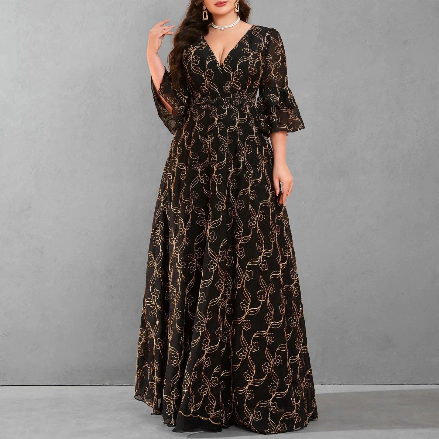 Gold Embroidered Chiffon Evening Gown