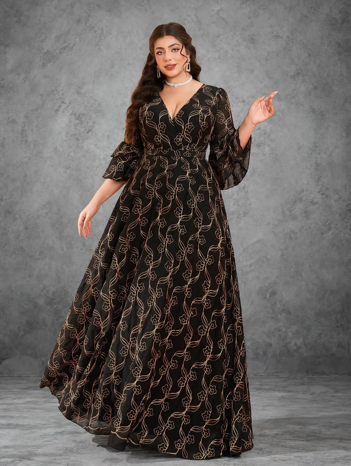 Gold Embroidered Chiffon Evening Gown