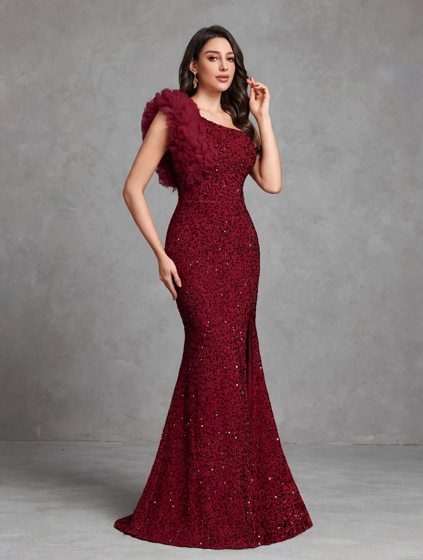 Sequined Off-shoulder Mesh Splicing Decorated Slit Dress