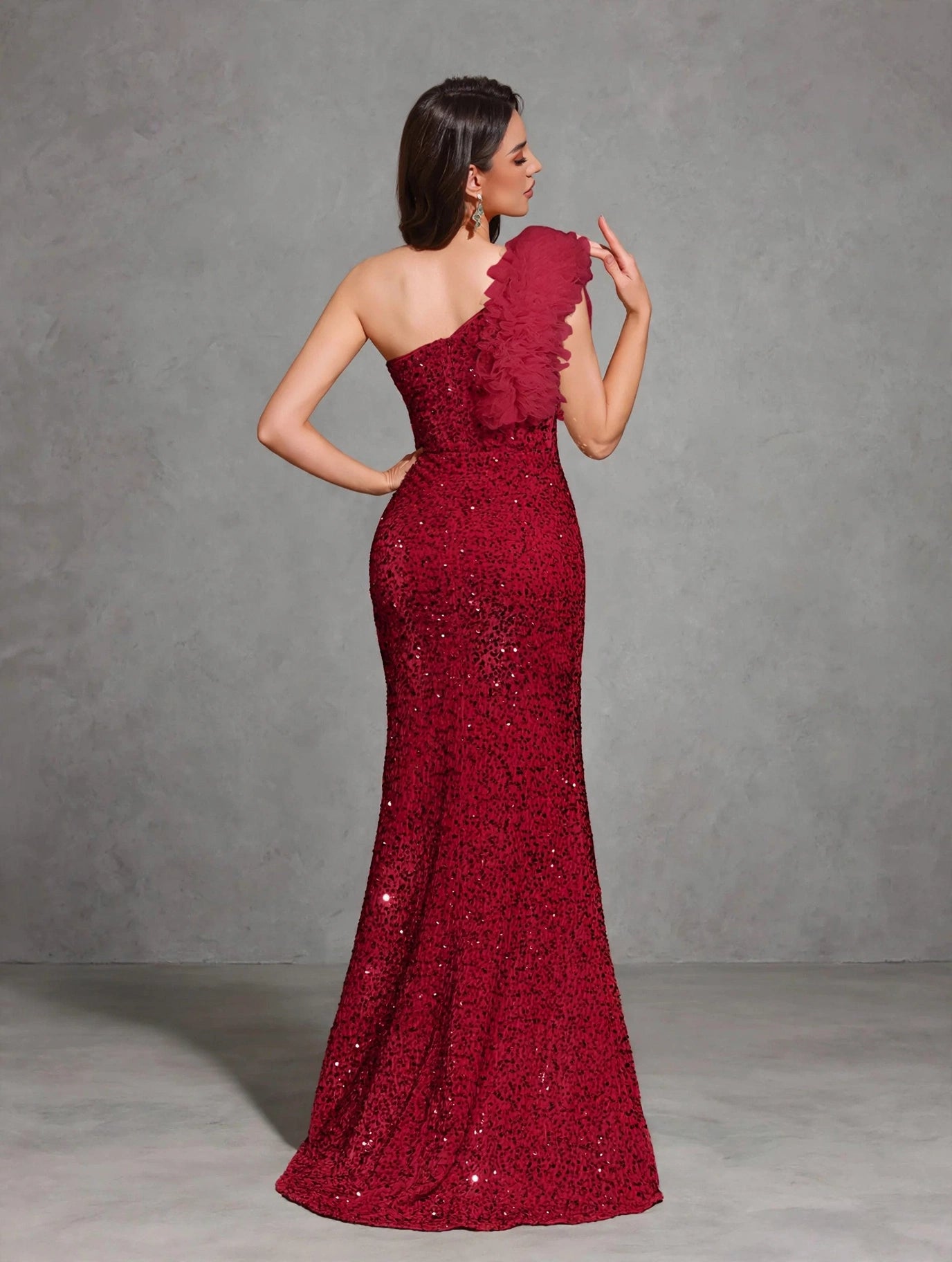 Sequined Off-shoulder Mesh Splicing Decorated Slit Dress