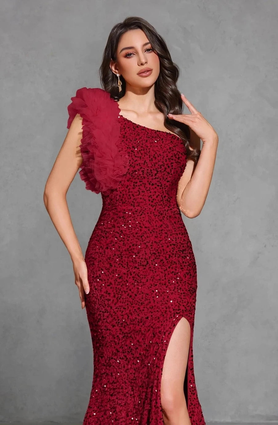 Sequined Off-shoulder Mesh Splicing Decorated Slit Dress