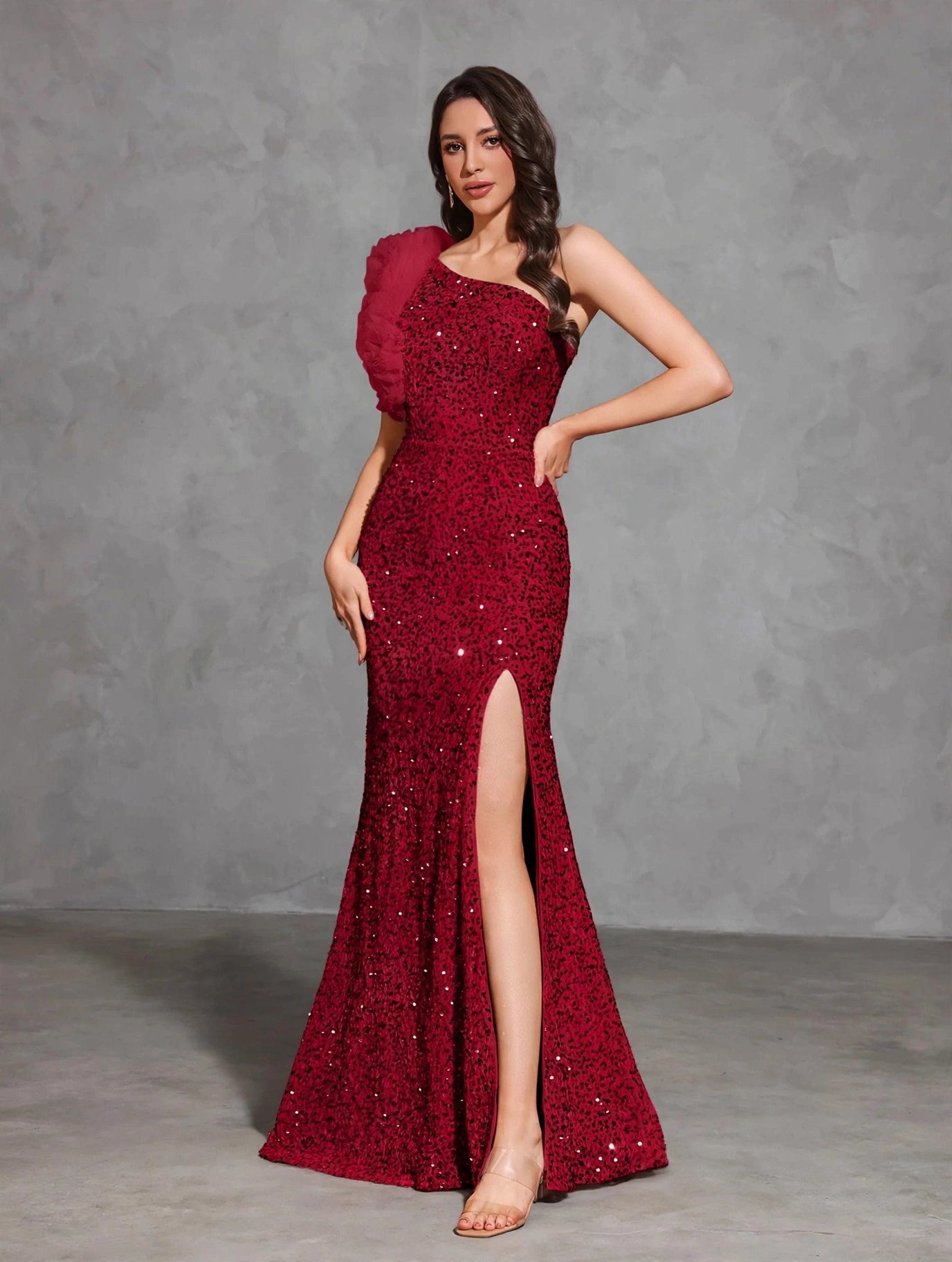 Sequined Off-shoulder Mesh Splicing Decorated Slit Dress
