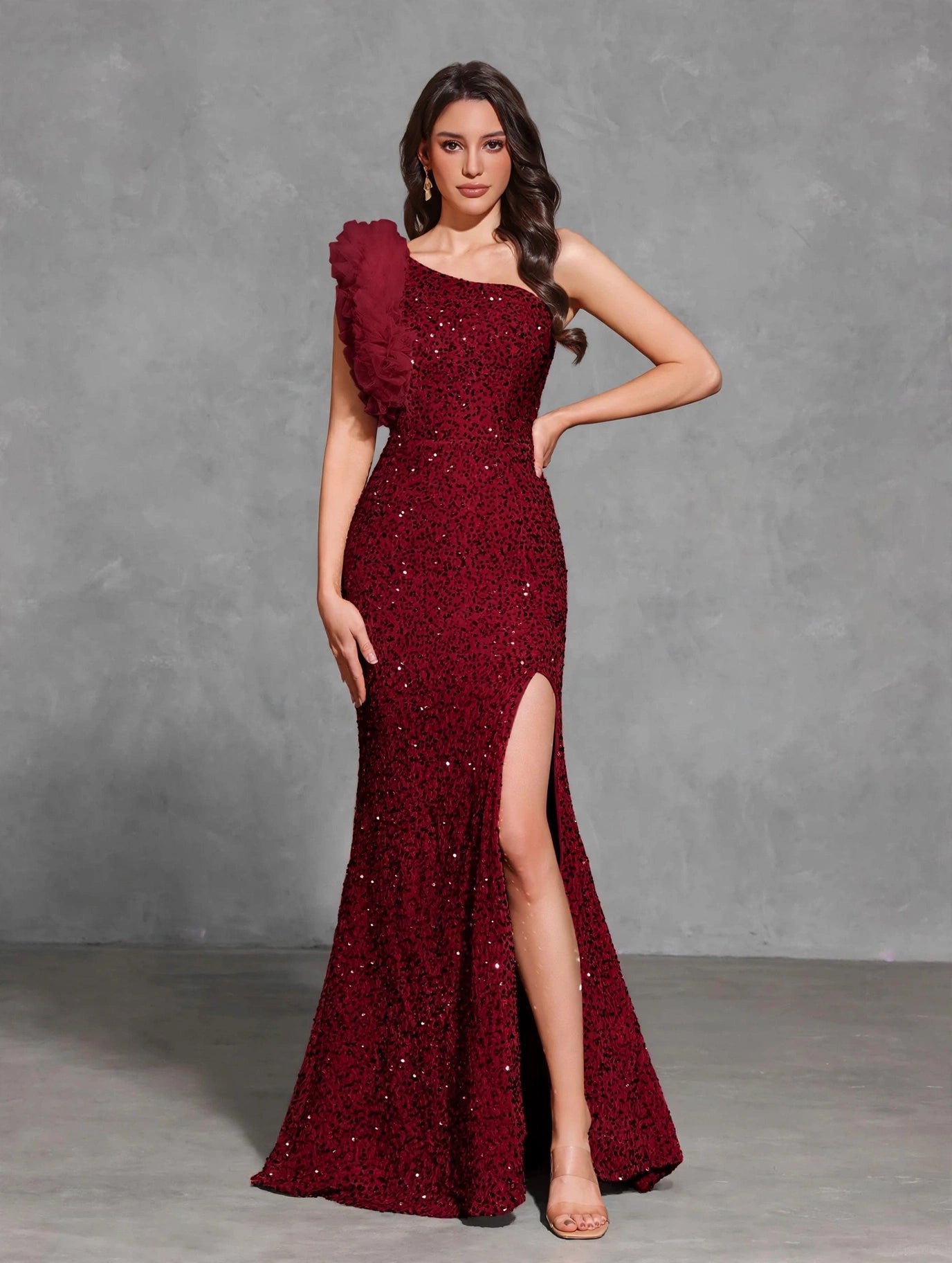 Sequined Off-shoulder Mesh Splicing Decorated Slit Dress
