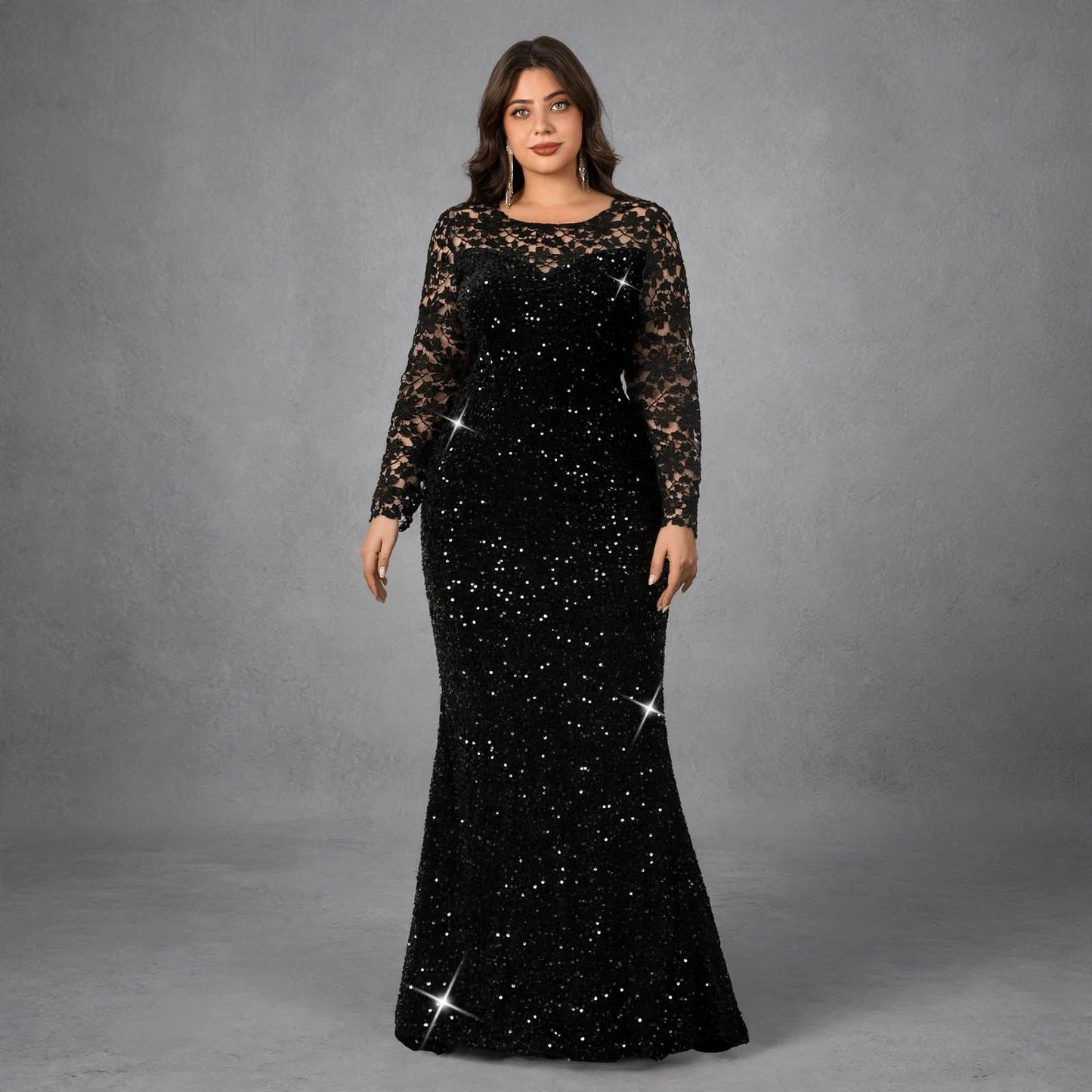 Modest Lace Sequin Velvet Maxi Dress