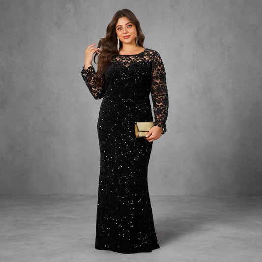Modest Lace Sequin Velvet Maxi Dress