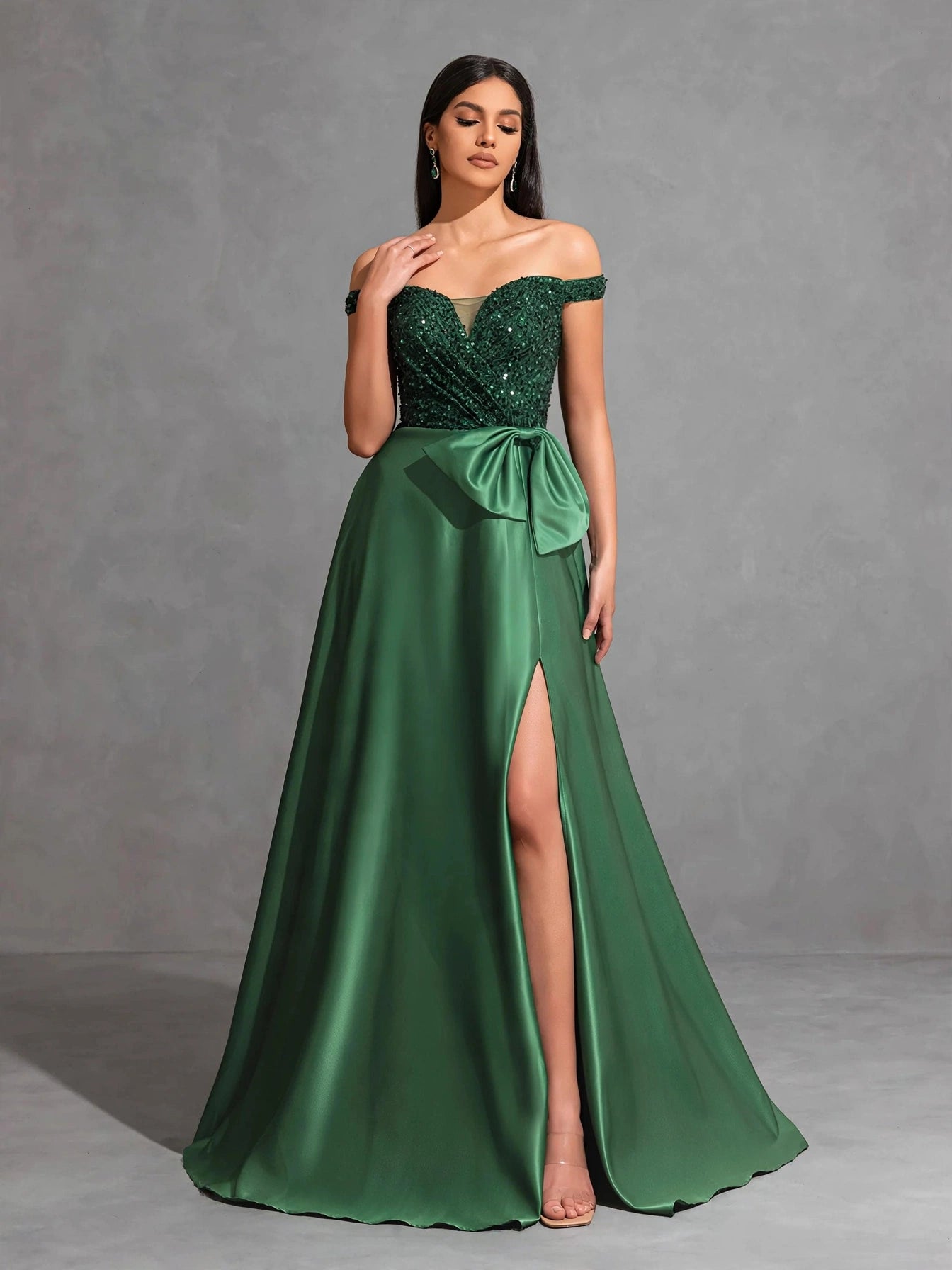 One-shoulder Dress with Bow Decoration at Waist and Sequined