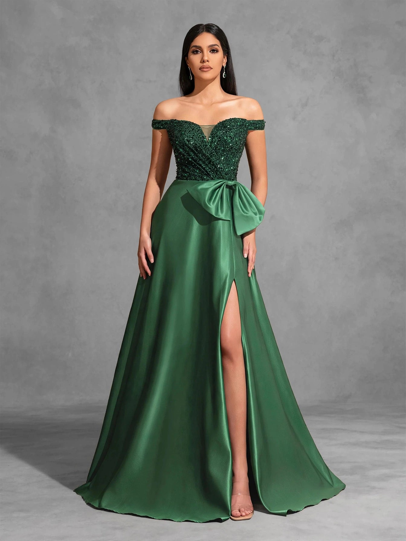 One-shoulder Dress with Bow Decoration at Waist and Sequined