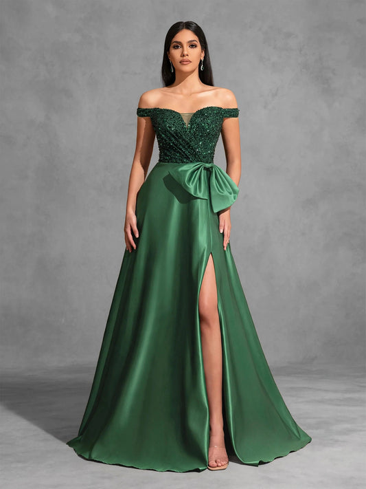 One-shoulder Dress with Bow Decoration at Waist and Sequined