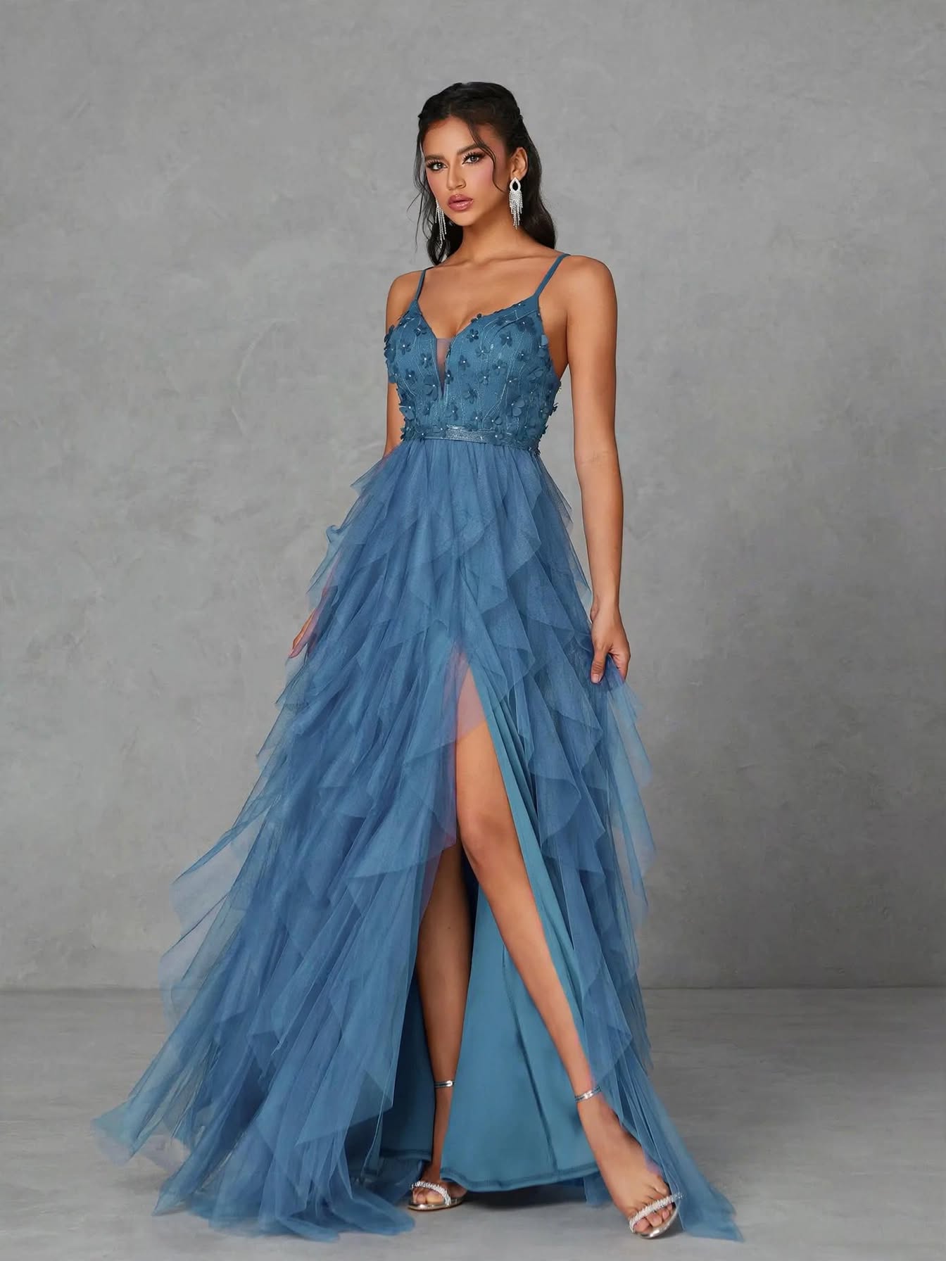 V-Neck 3D Embroidered Mesh Ruffle Gown