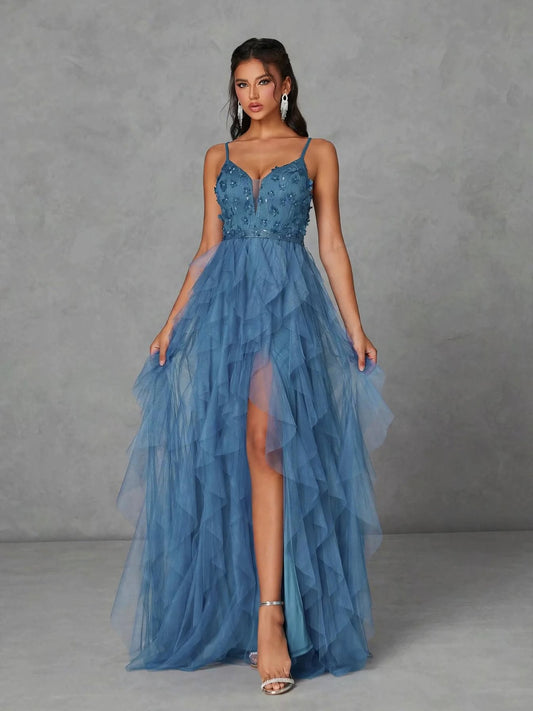 V-Neck 3D Embroidered Mesh Ruffle Gown