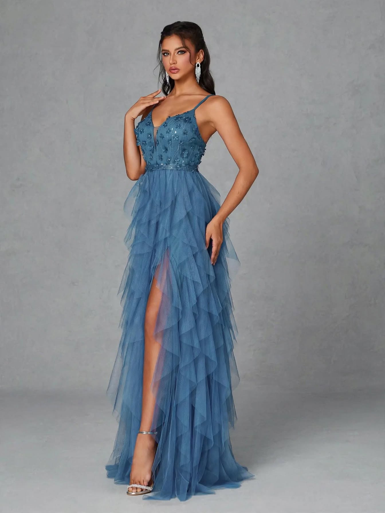 V-Neck 3D Embroidered Mesh Ruffle Gown