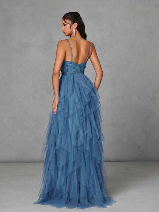 V-Neck 3D Embroidered Mesh Ruffle Gown