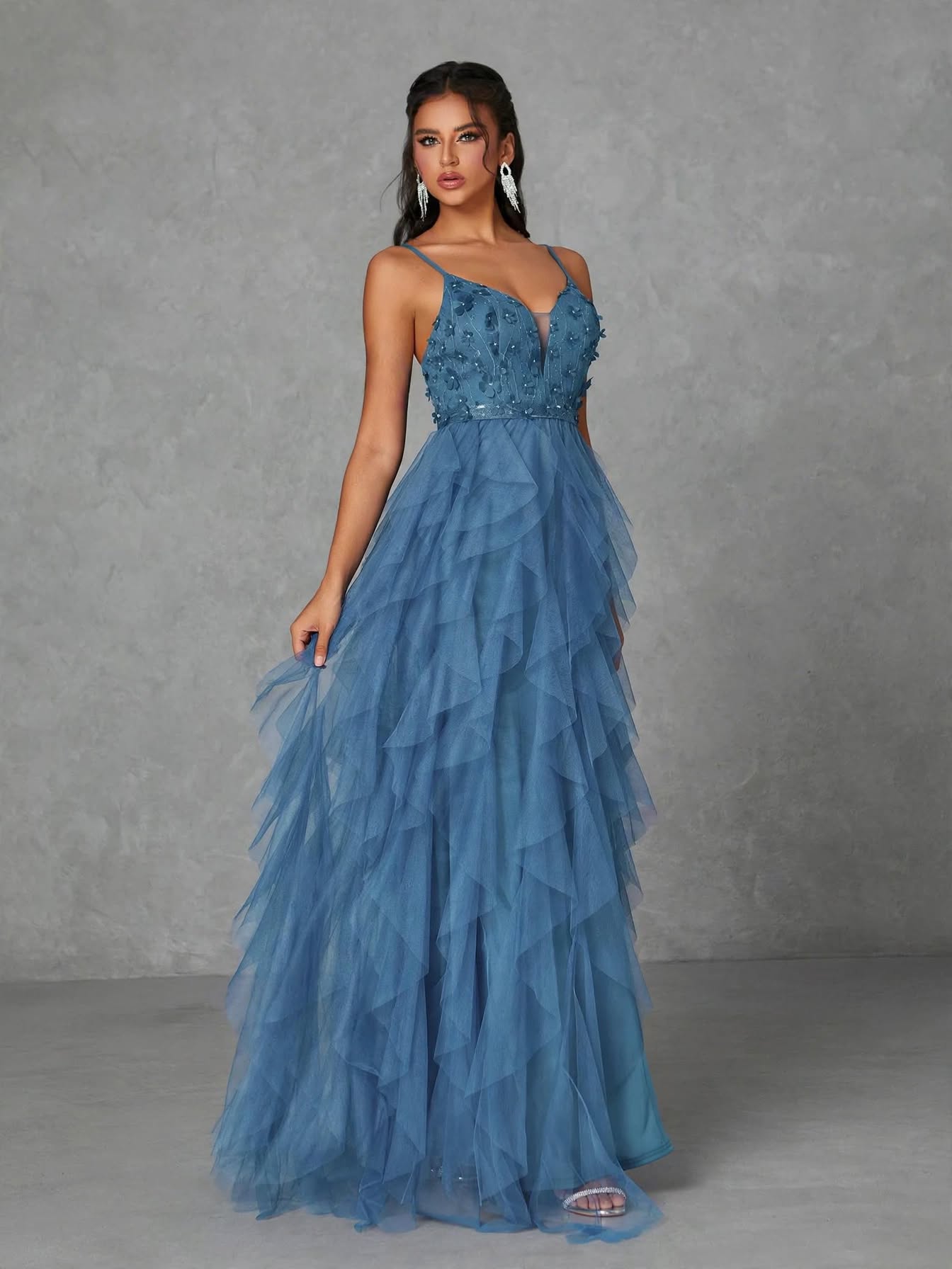 V-Neck 3D Embroidered Mesh Ruffle Gown