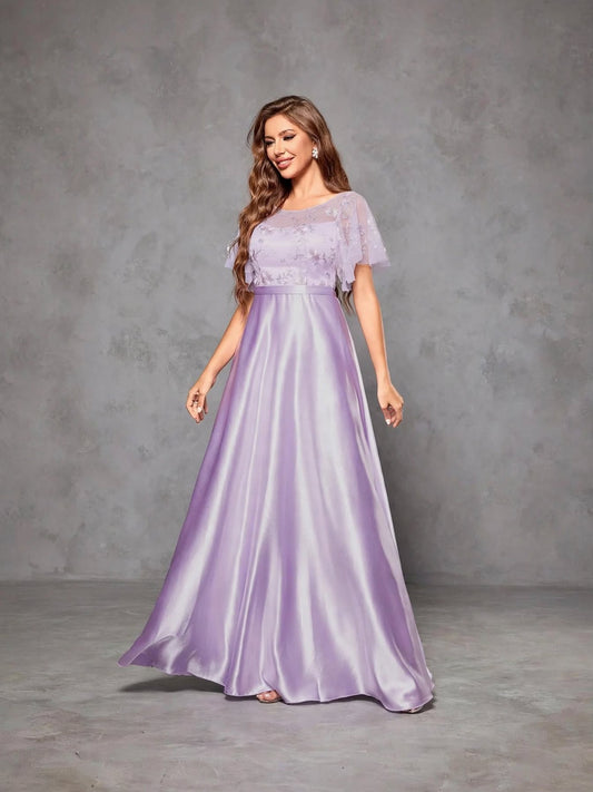 Embroidery Mesh Patchwork Color Ding Large Skirt Evening Gown