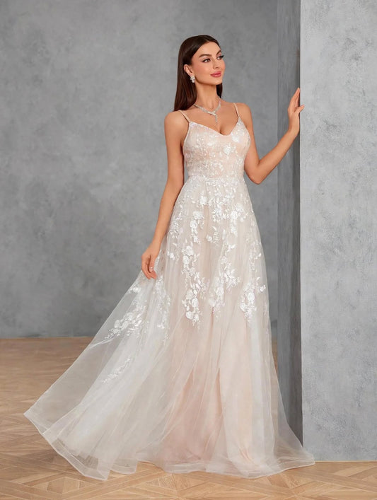 Camisole Romantic Embroidered Lace Contrasting Mesh Full Skirt