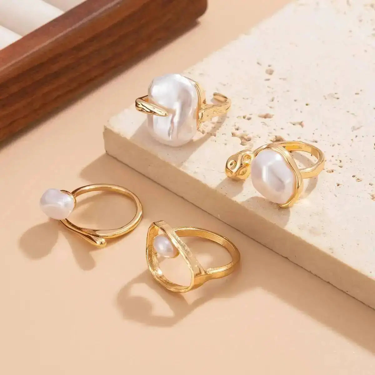 Baroque Imitation Pearl Open Rings Set Elegant Irregular Gold