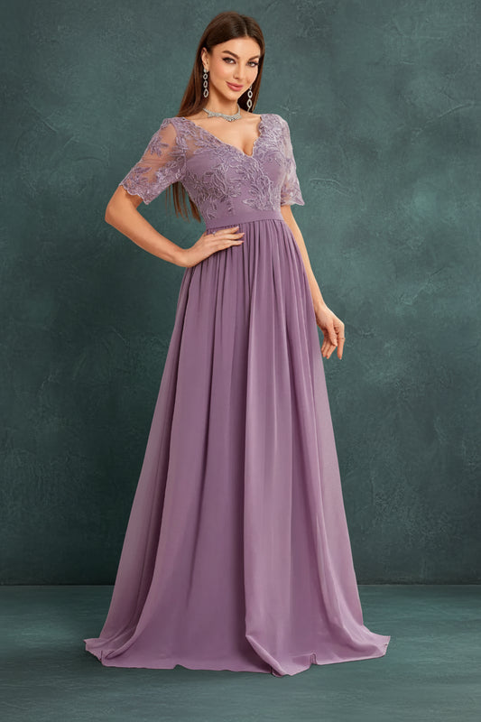 V-Neck Lace Chiffon Evening Dress