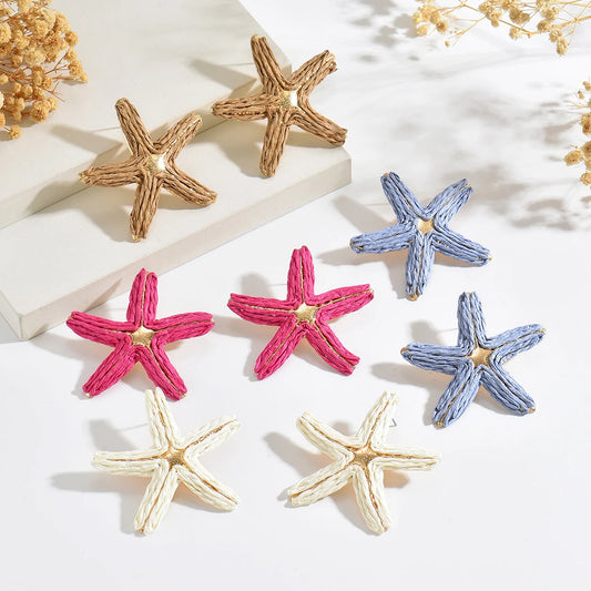 Vibrant Color Straw Woven Starfish Statement Earrings Gold Trim