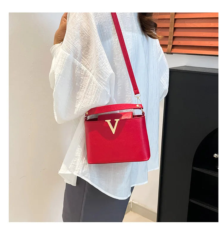 V-Shaped PU Leather Bucket Bag