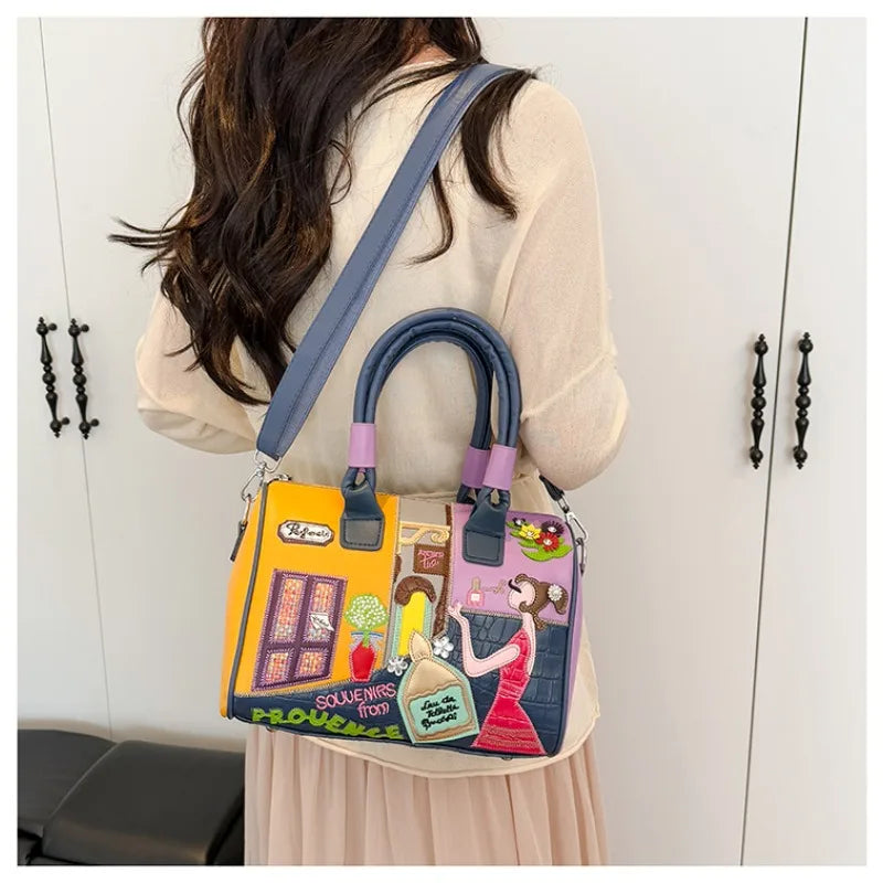 PU Personality Stylish Shoulder Bags Design Patchwork Zipper Bags