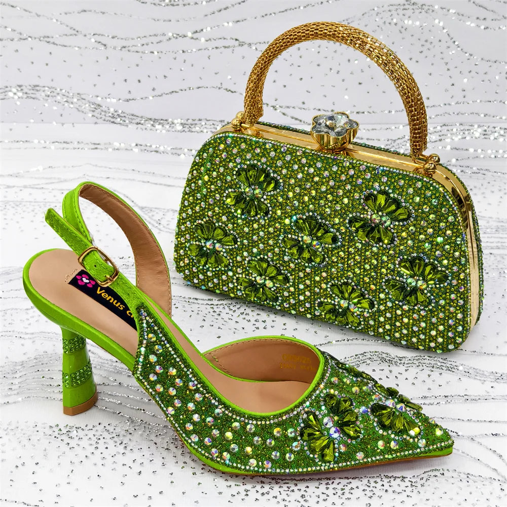 Gold Pointed Toe Rhinestone Heels & Bag Set, Sparkly