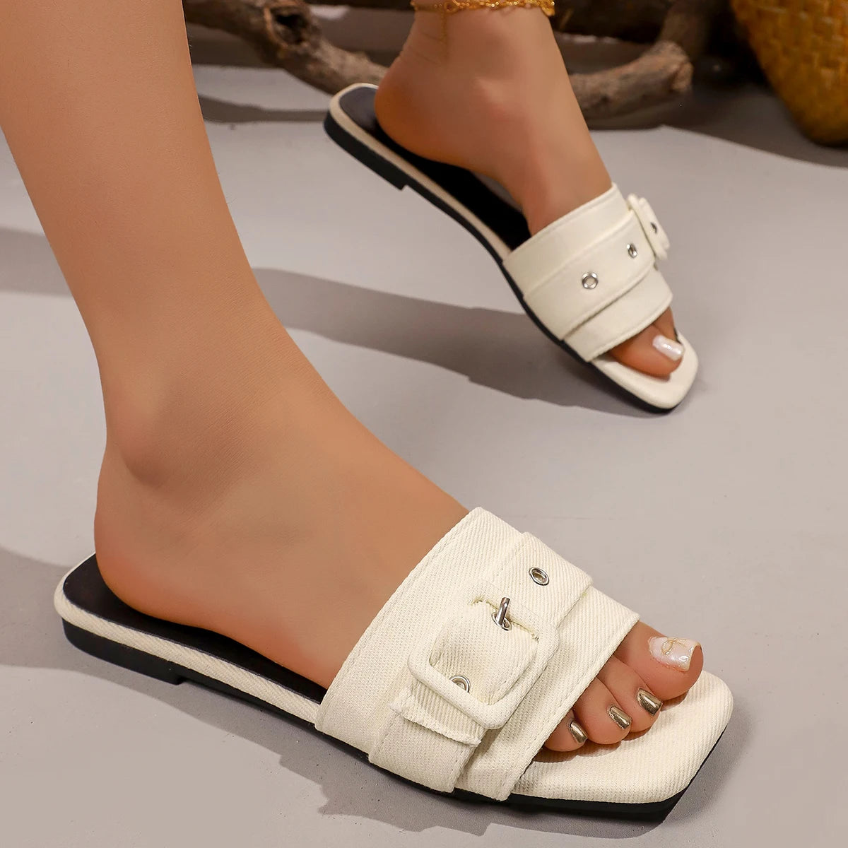 Denim Buckle Strap Slippers Simple Flat Sandals Female Slides