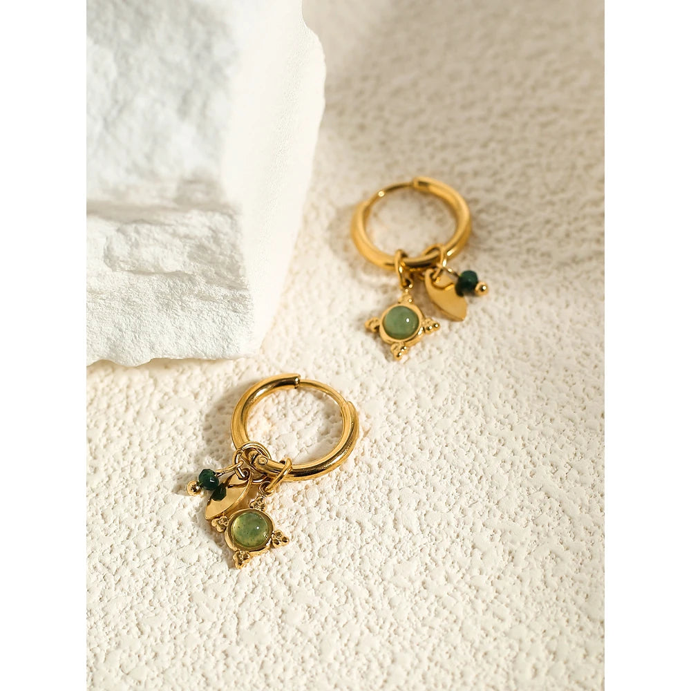 Green Stone Charm Hoop Earrings