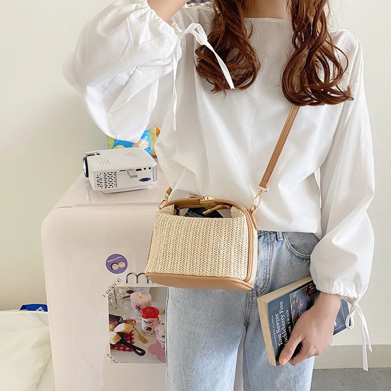 Summer Small Straw Handbag Shoulder Bag Woven Bucket Crossbody
