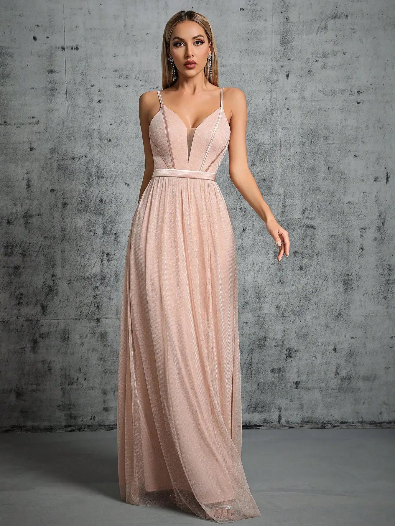 Deep V Mesh Slit Maxi Dress