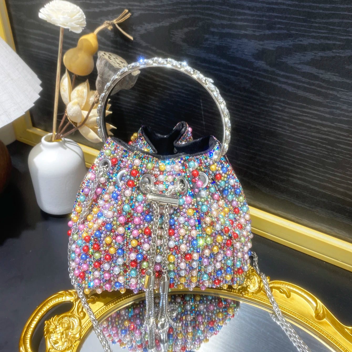 Multicolor Rhinestone Pearl Bucket Bag  luxury bags designers Ring Handle Drawstring Handle Evening Clutch For Wedding Party