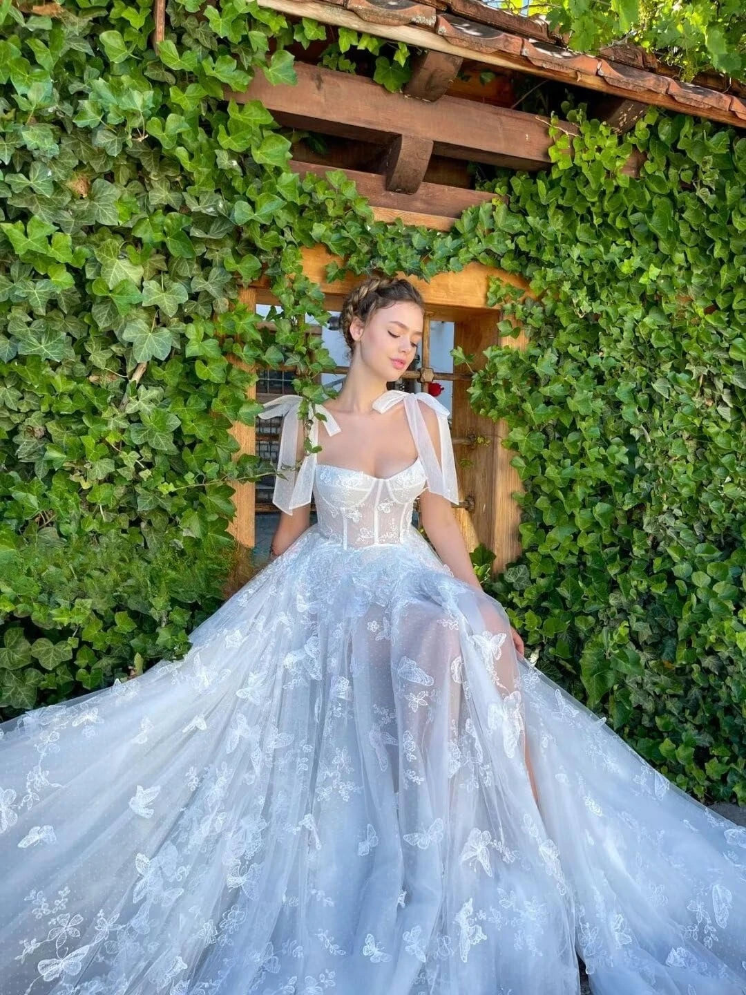 3D Butterfly Tulle Corset Prom Dresses for Teens Formal Fairy Ball Gowns Spaghetti Straps Evening Gown with Slit Party Dresses