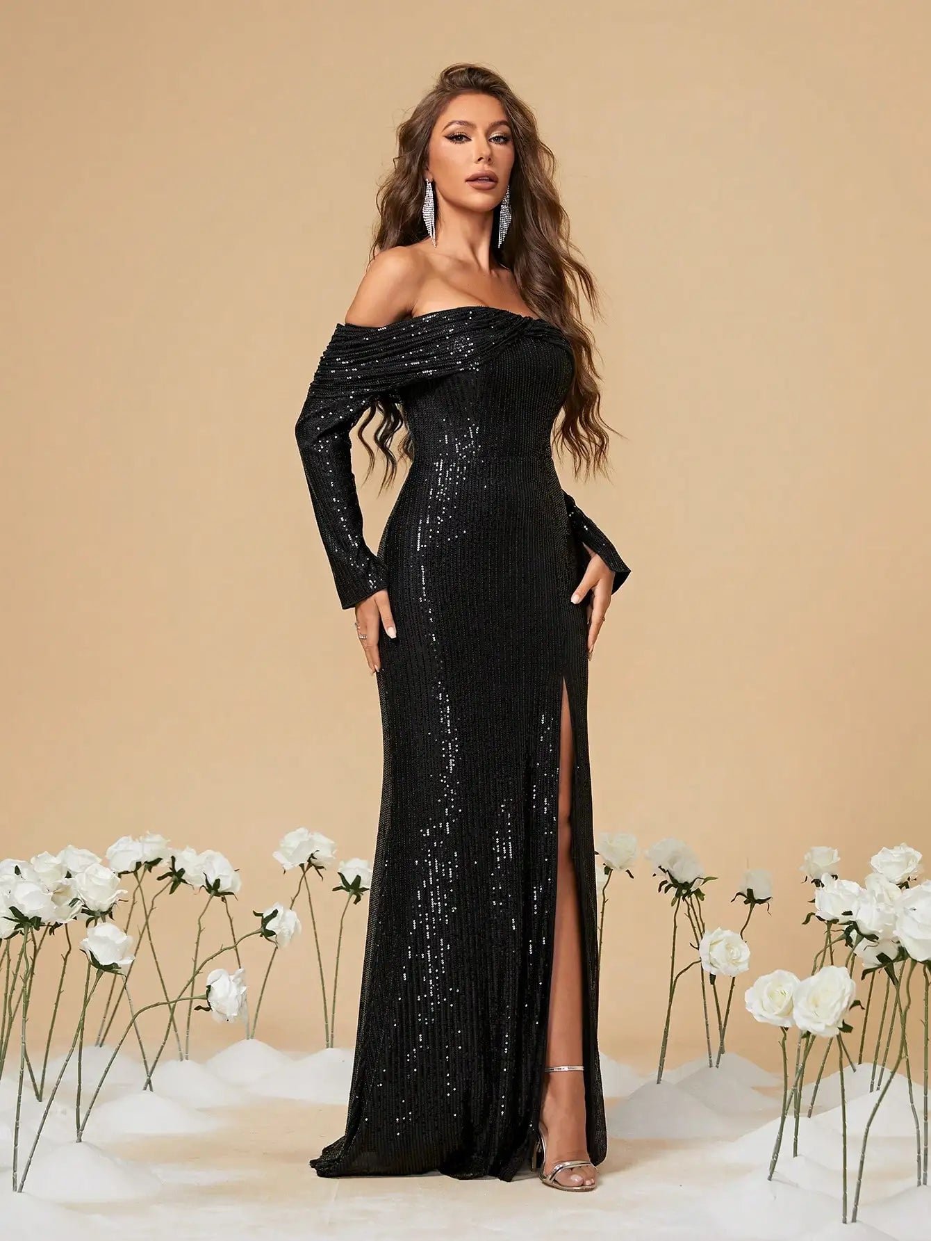 One Shoulder Sequin Slit Evening Dress
