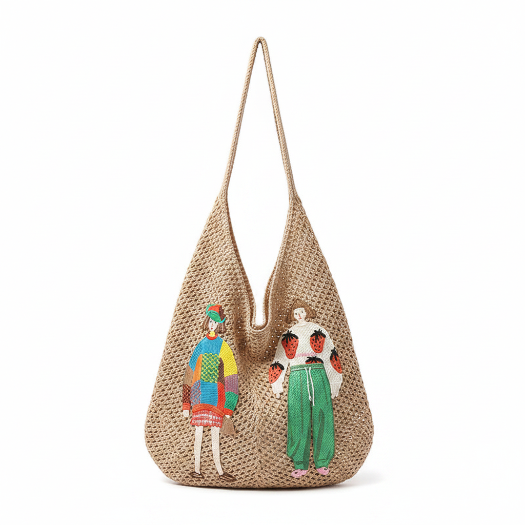 Lightweight woven shoulder bag for casual use.