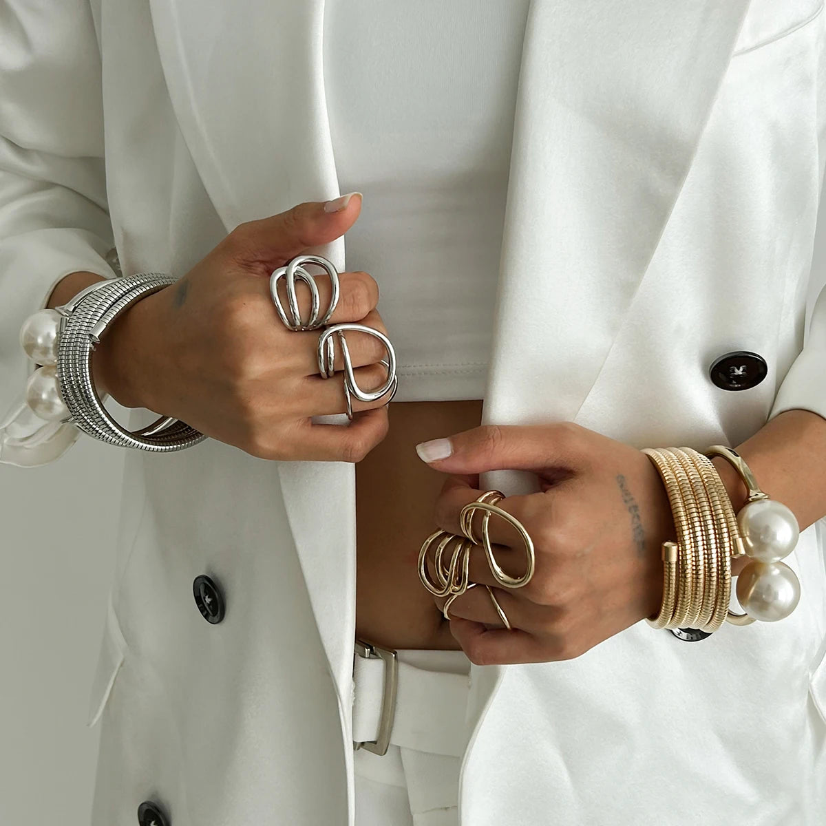 Punk Multilayer Snake Chain Open Spring Bangles Boho Large Imitation Pearl Cuff Bangles Bracelet