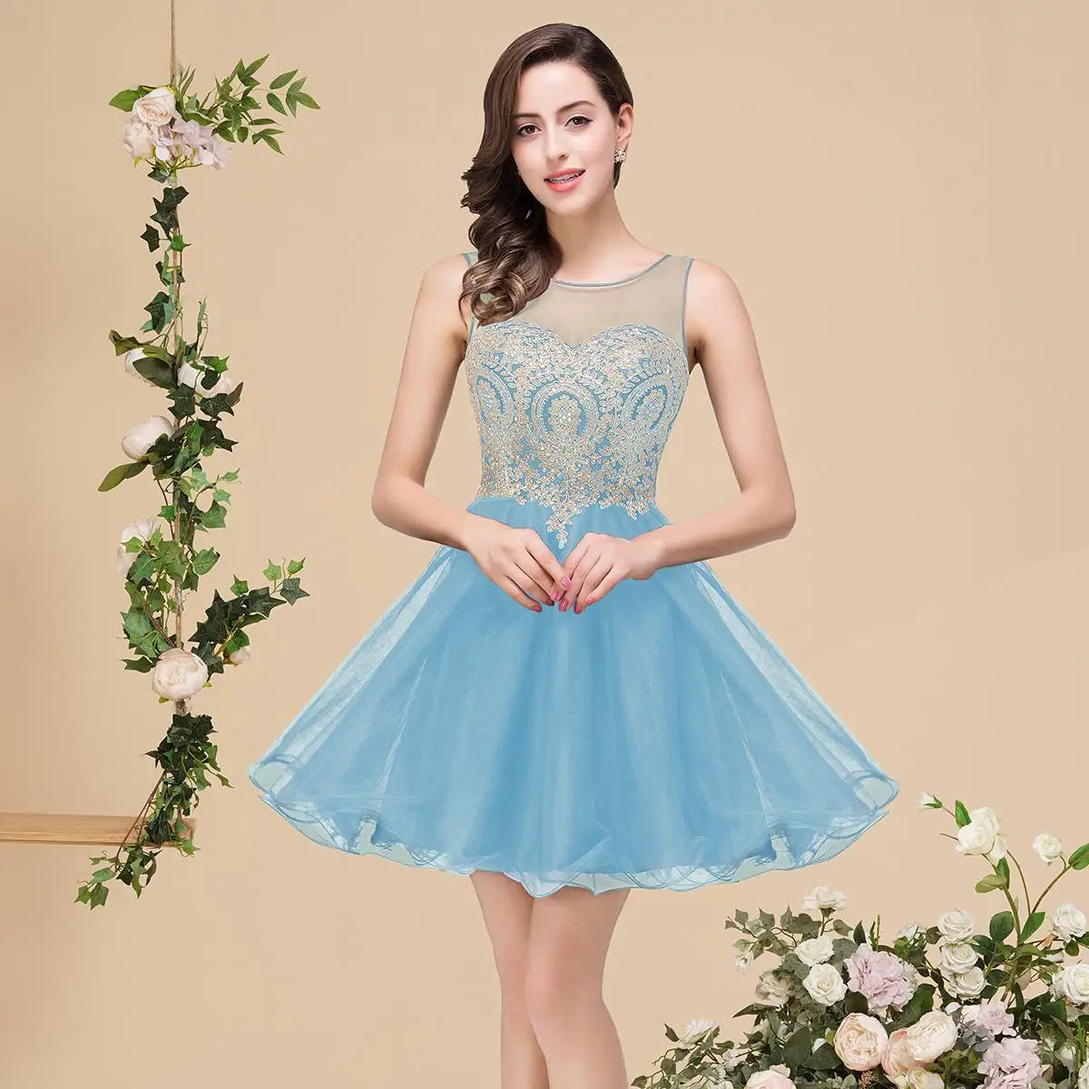 MisShow Ruffles Floral Lace Short Prom Evening Dress Sexy Illusion Tulle Little Black Dress for Homecoming Graduation Party 2026