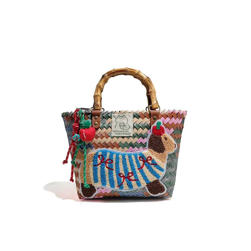 Retro Woven Dachshund Tote Beach Bag