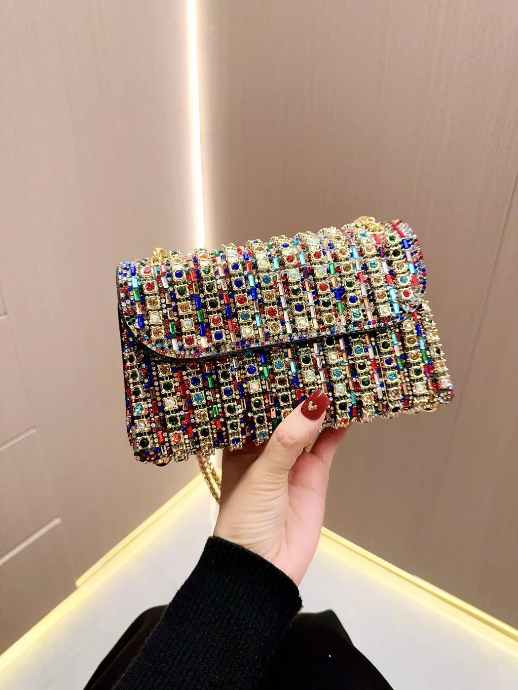 Full Rhinestone Evening Clutch Bag Luxury Leather Chain Handbag