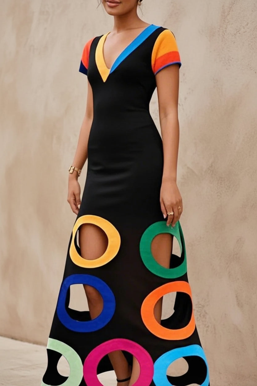 Colorful Circle Cutout Maxi Dress V Neck Short Sleeve