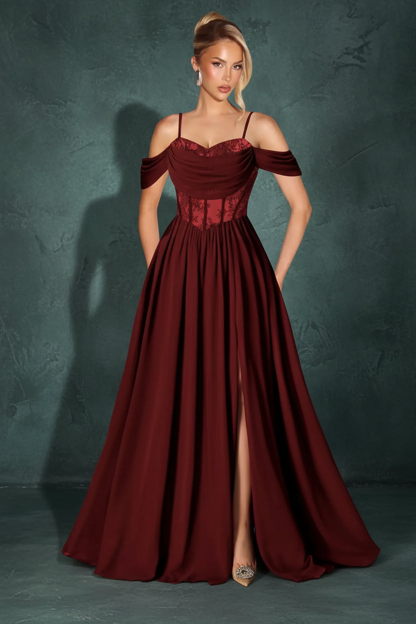 Off Shoulder Lace Applique Prom Dress