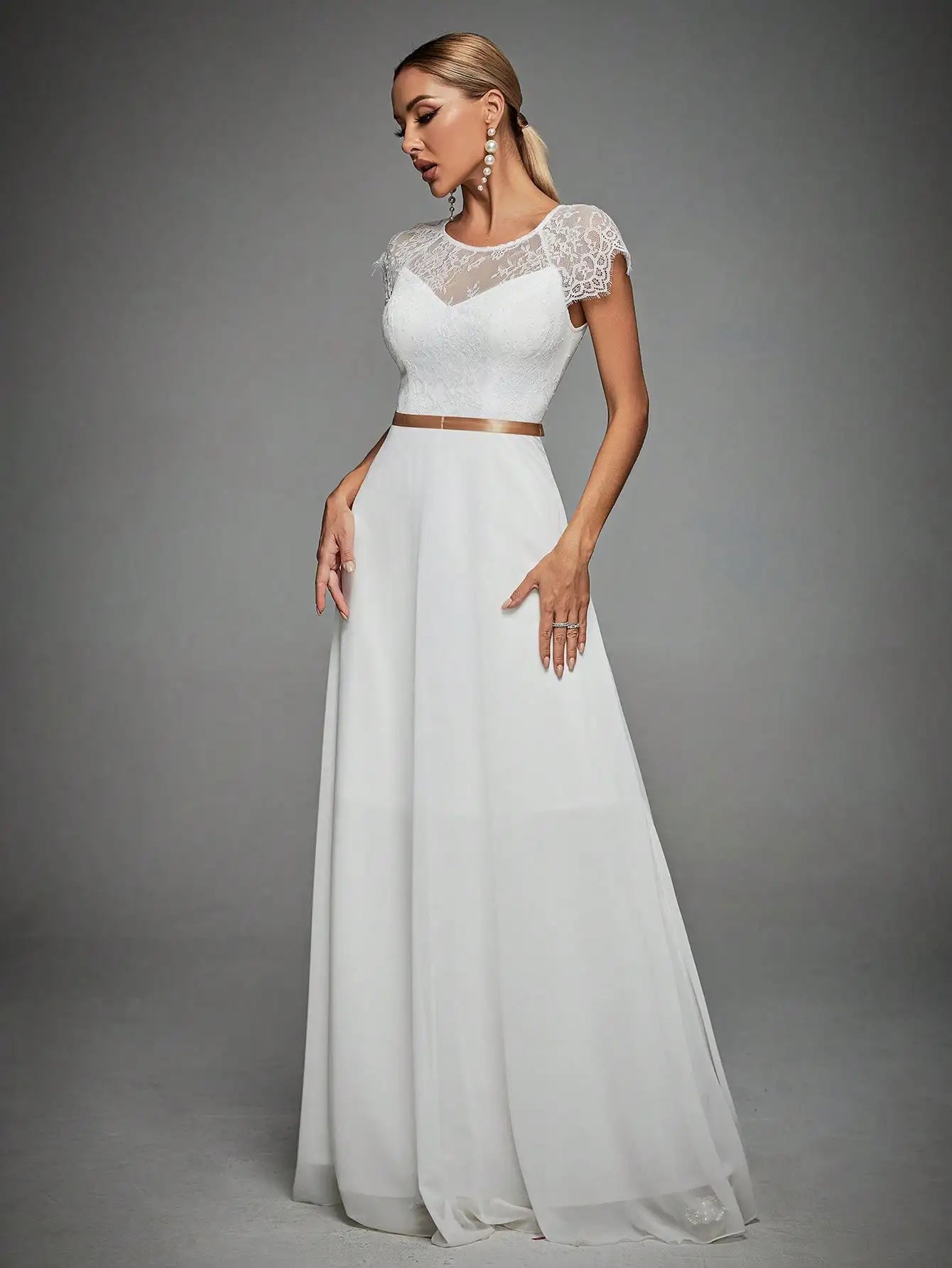 Lace Sleeve Chiffon Wedding Dress