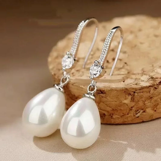 Classic Water Drop Imitation Pearl Dangle Earrings Silver Color Crystal Hook Drop Earrings For Women's Everyday & Office Wear